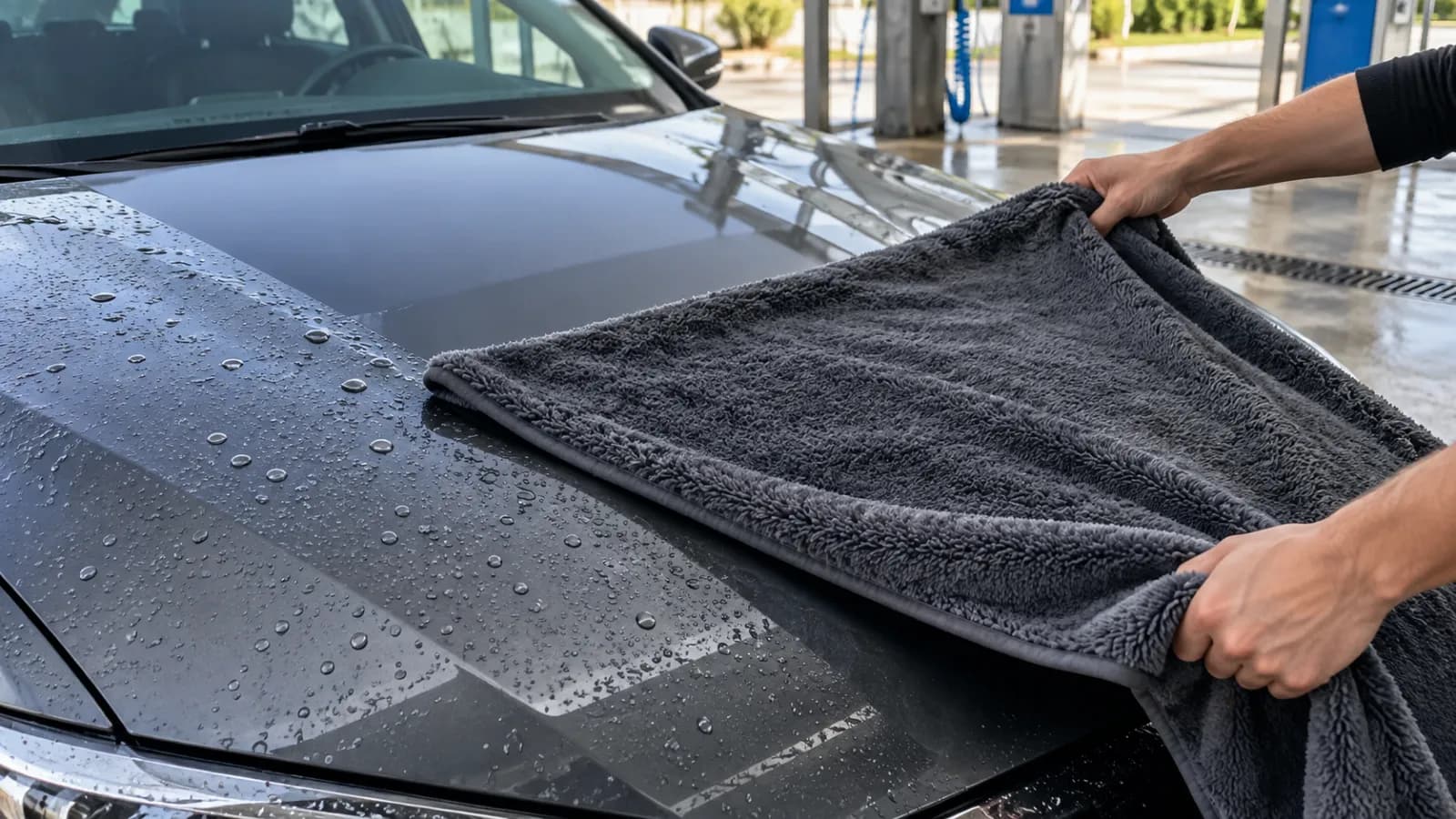 Araç kaputunda su damlalarını kurulayan mikrofiber bez
